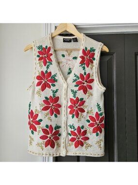 VTG In Resource Poinsettia Tacky Teacher Sweater Vest M Petite PM Granny Holiday